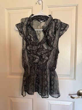 Dimi Black & White Ruffle Snake-Print Sheer Blouse